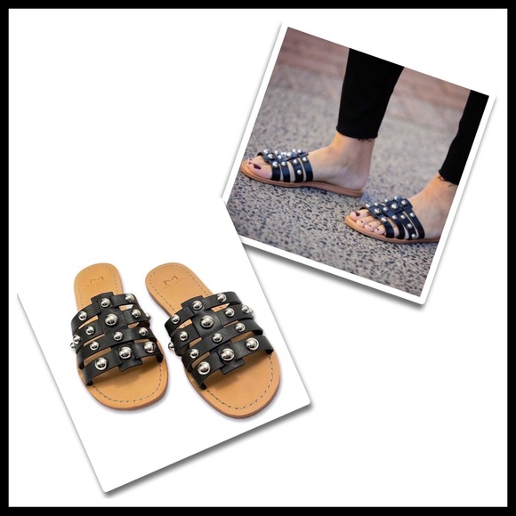 BLACK LEATHER SANDALS SLIDES MARC FISHER SLIP ONS STUDD CAGED FLATS A2C - Picture 11 of 16